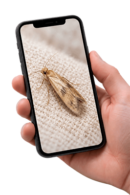 Smartphone displaying a carpet moth, uploaded to PGM pest control for identification by BPCA experts