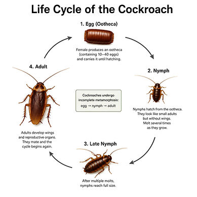 Infographic showing the life cycle of a cockroach, with stages from egg case (ootheca) to nymph, late nymph, and adult arranged in a circular diagram with labeled illustrations on a white background.