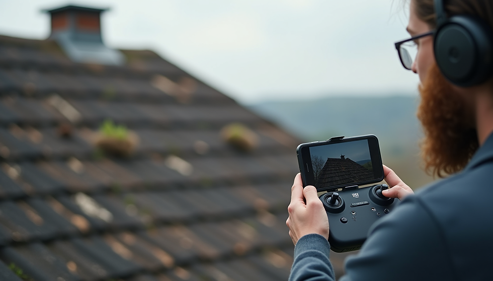 Eye-level view of a drone controller monitoring live footage of a roof with bird nests