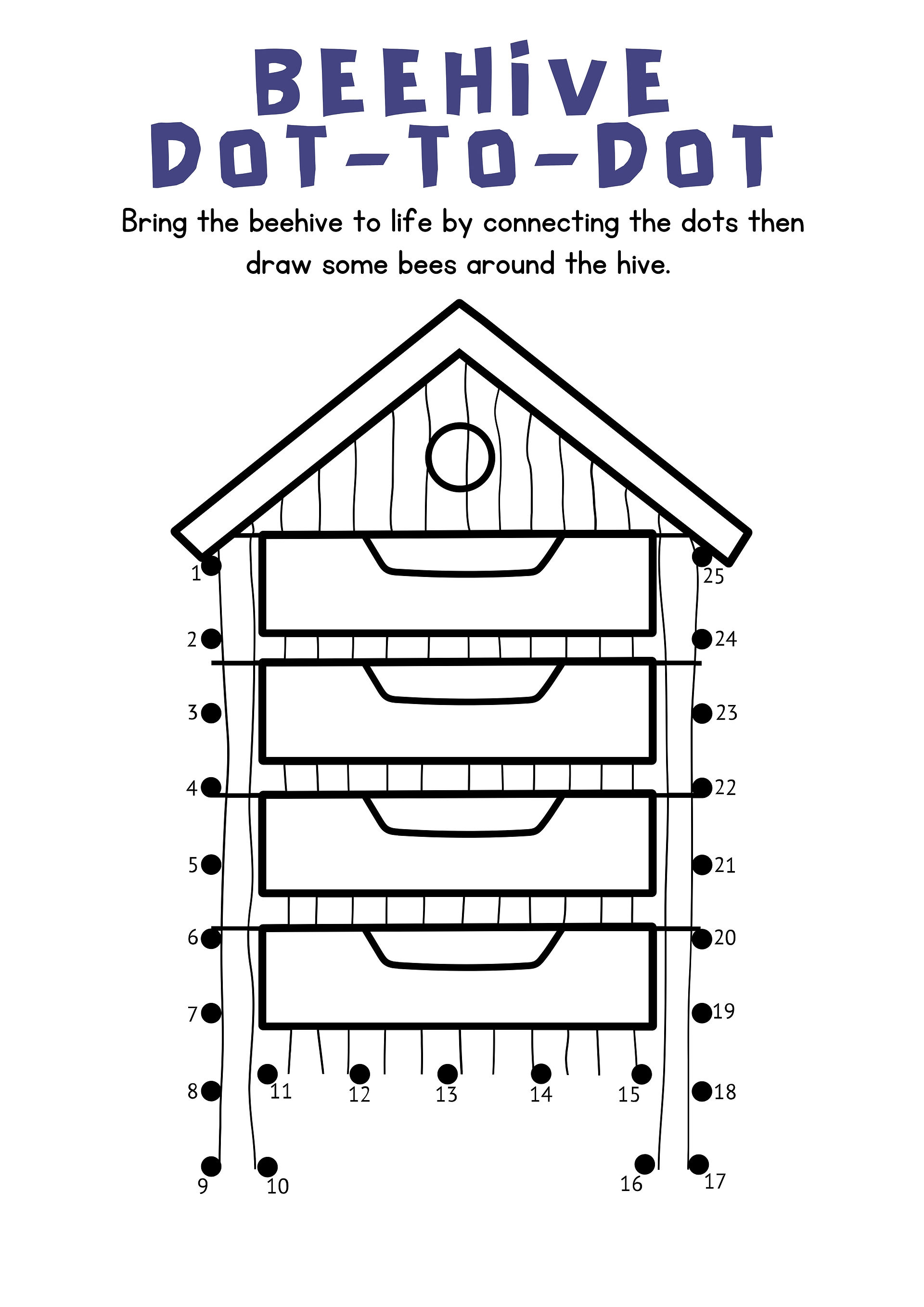 Beehive dot-to-dot activity page for kids ages 4-12