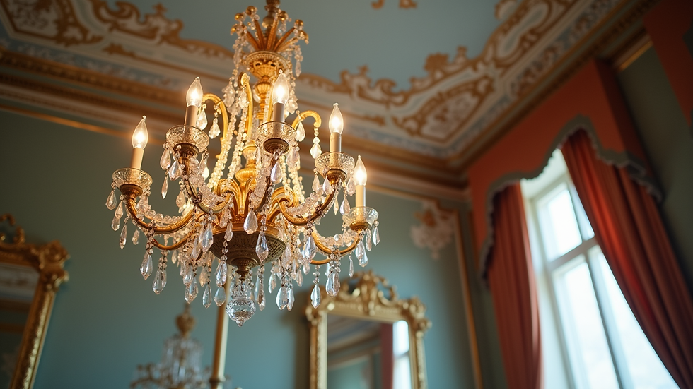 Close-up view of an ornate crystal chandelier hanging from a decorated ceiling in a Parisian mansion
