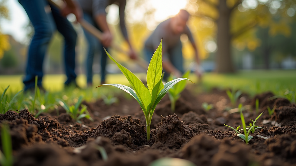 Close-up view of volunteers planting trees during a community clean-up event