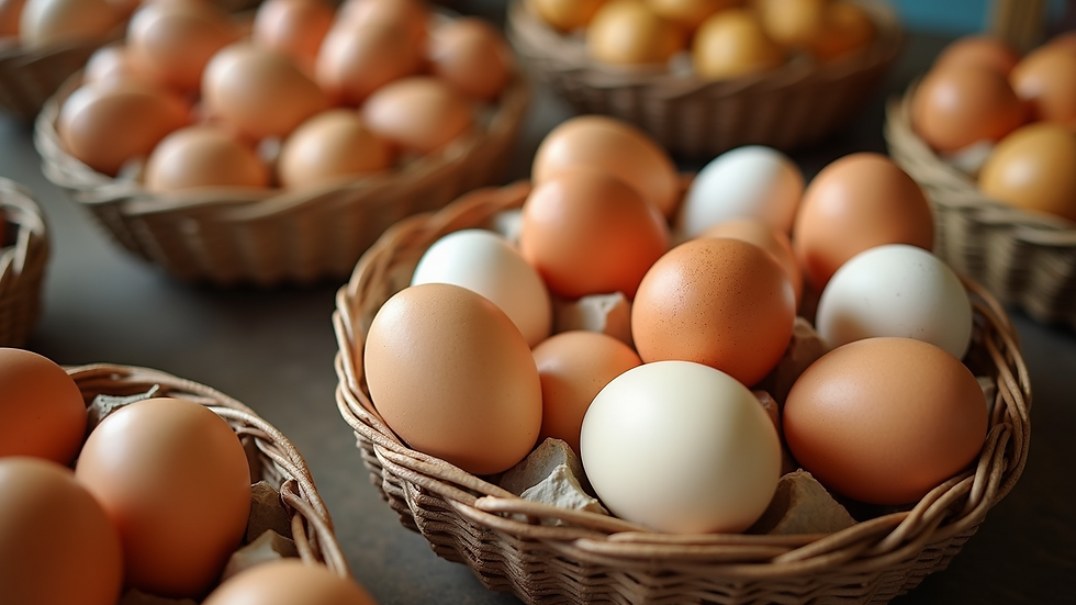 High angle view of eggs in a basket at a local farmers market