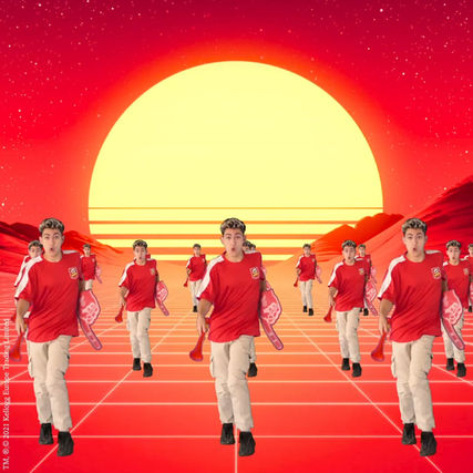 2D background of a vaporwave sunset with a young boy (a spanish influencer) dancing multiplied on the dancefloor.