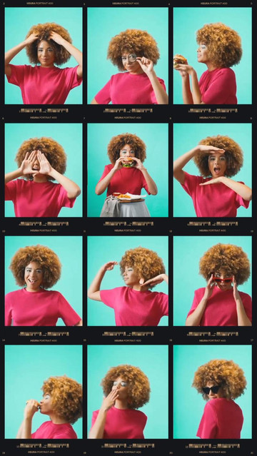 Image of a 12 photo sequence of a woman playing to be silly and eating a veggie burguer.