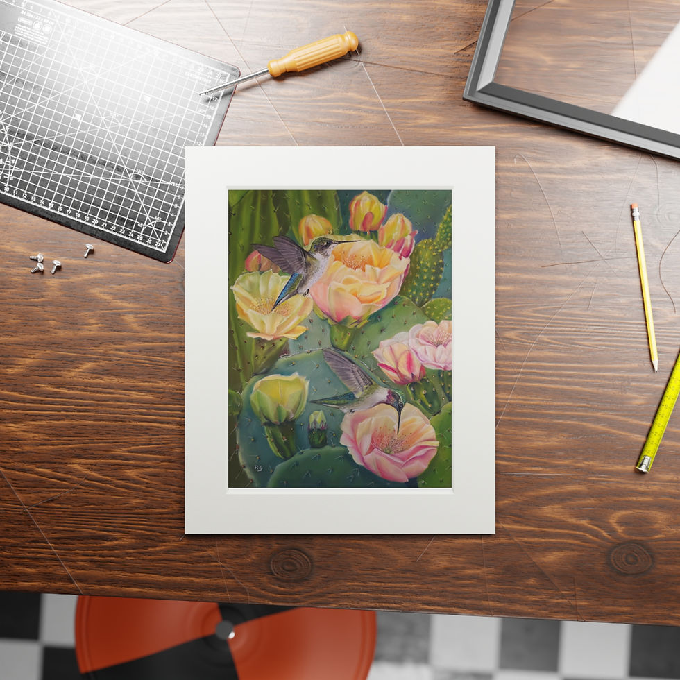 Thumbnail: Cactus and Hummingbirds Fine Art Giclée Print (with matt frame)