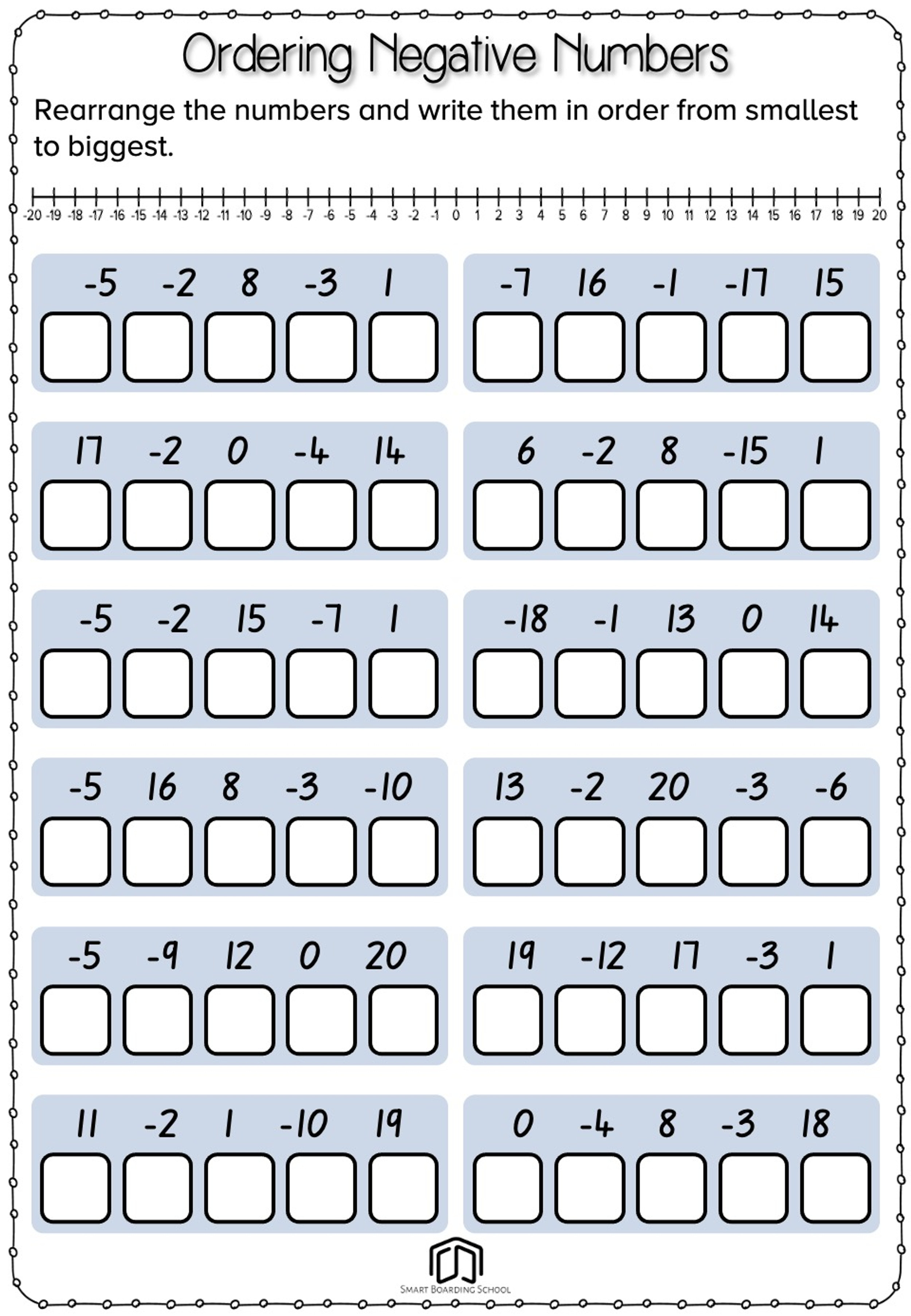 Ordering Positive and Negative Numbers Worksheet
