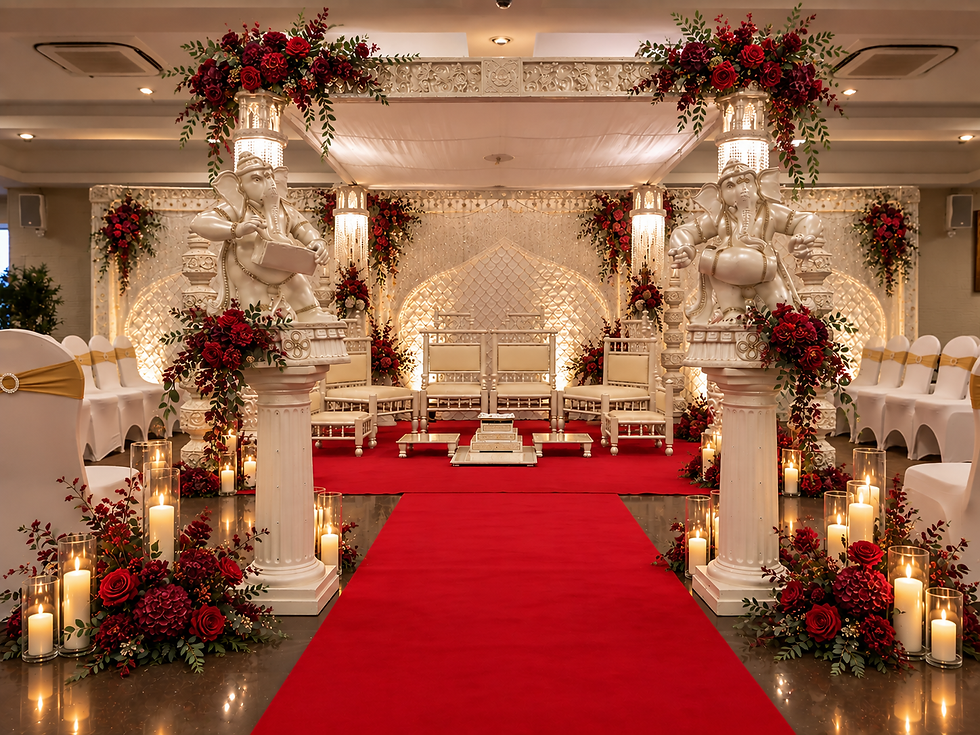 Inspo image - pearl crystal mandap with red floral decor