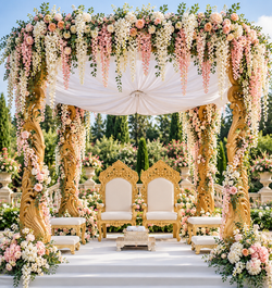 Round Peacock Mandap adorned with cascading wisteria decor