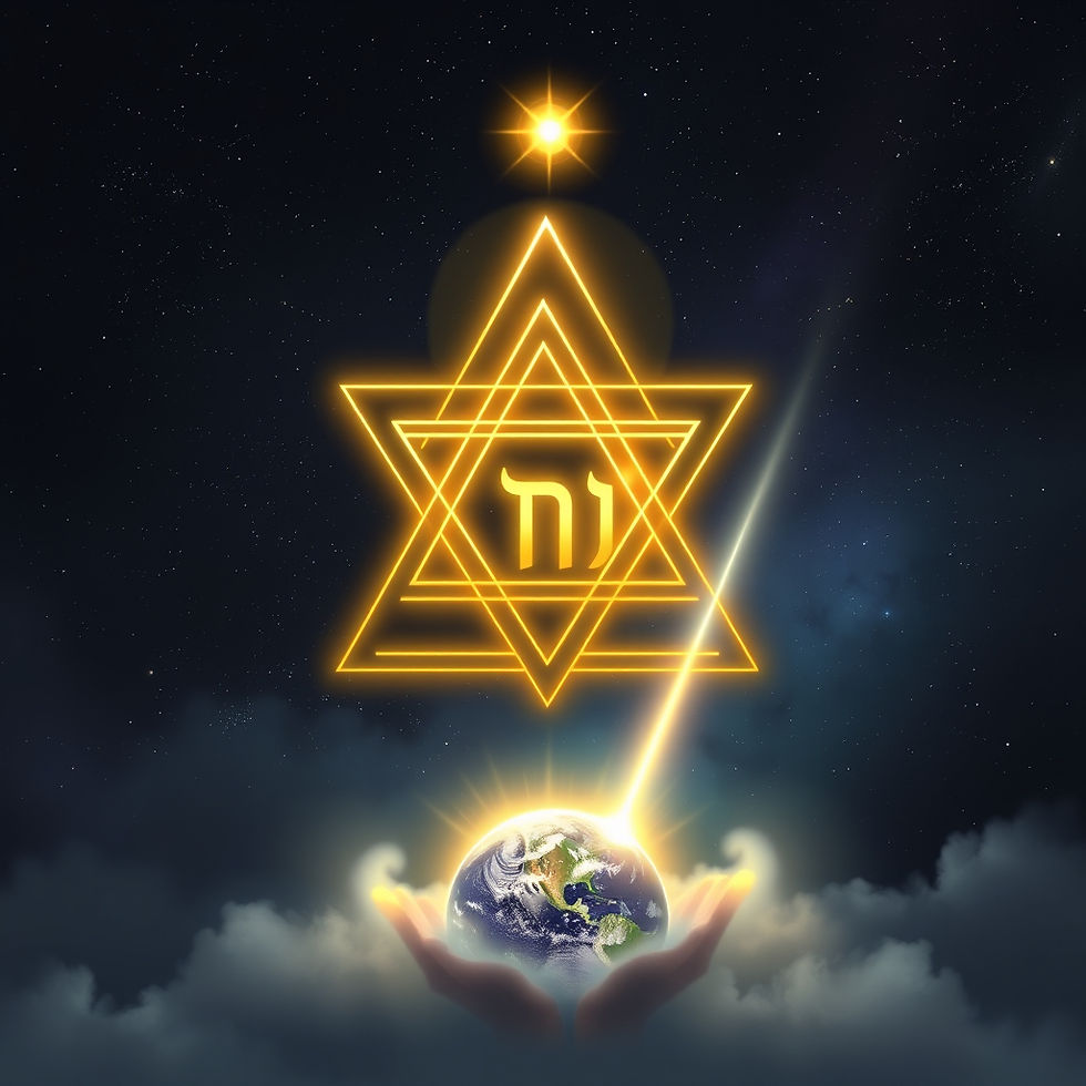 Mãos segurando a Terra sob um céu estrelado. Estrela de Davi dourada iluminada com texto hebraico. Luz brilhante conecta os elementos.