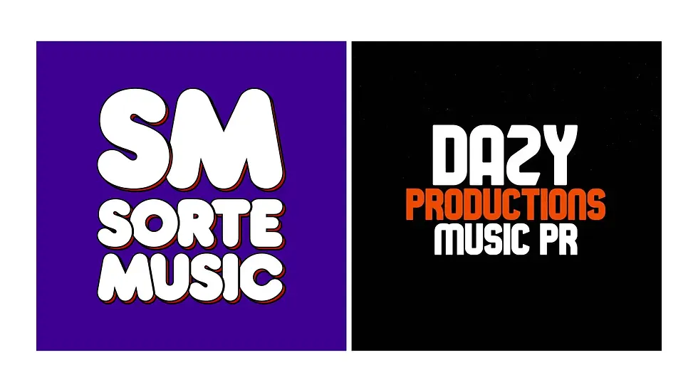 À esquerda, fundo roxo com "Sorte Music" em letras brancas e sombreamento vermelho. À direita, fundo preto com "DAZY PRODUCTIONS MUSIC PR" em branco e laranja.