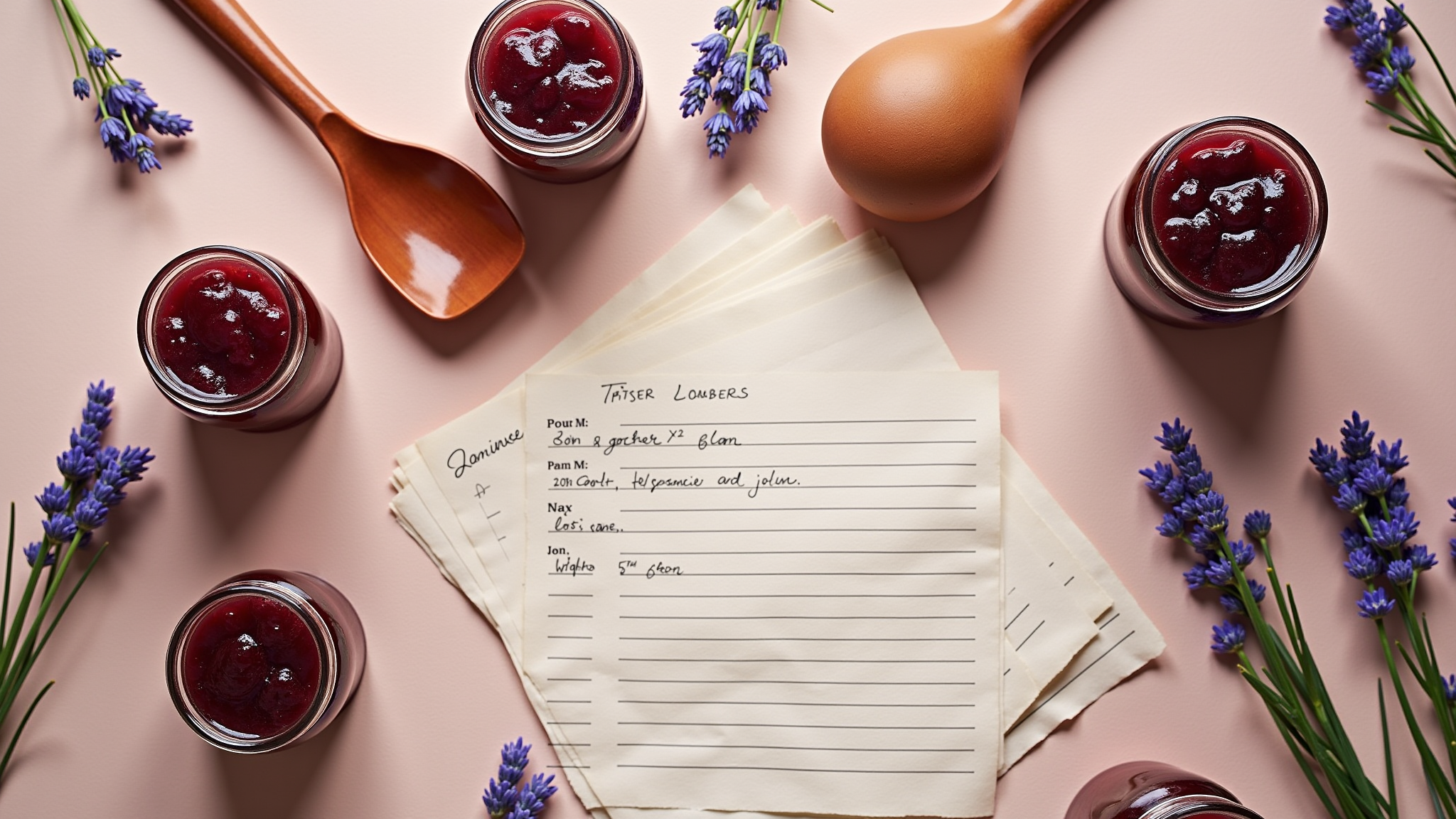 Recipe cards with handwriting, jar of jelly, wooden spoon on pink table.