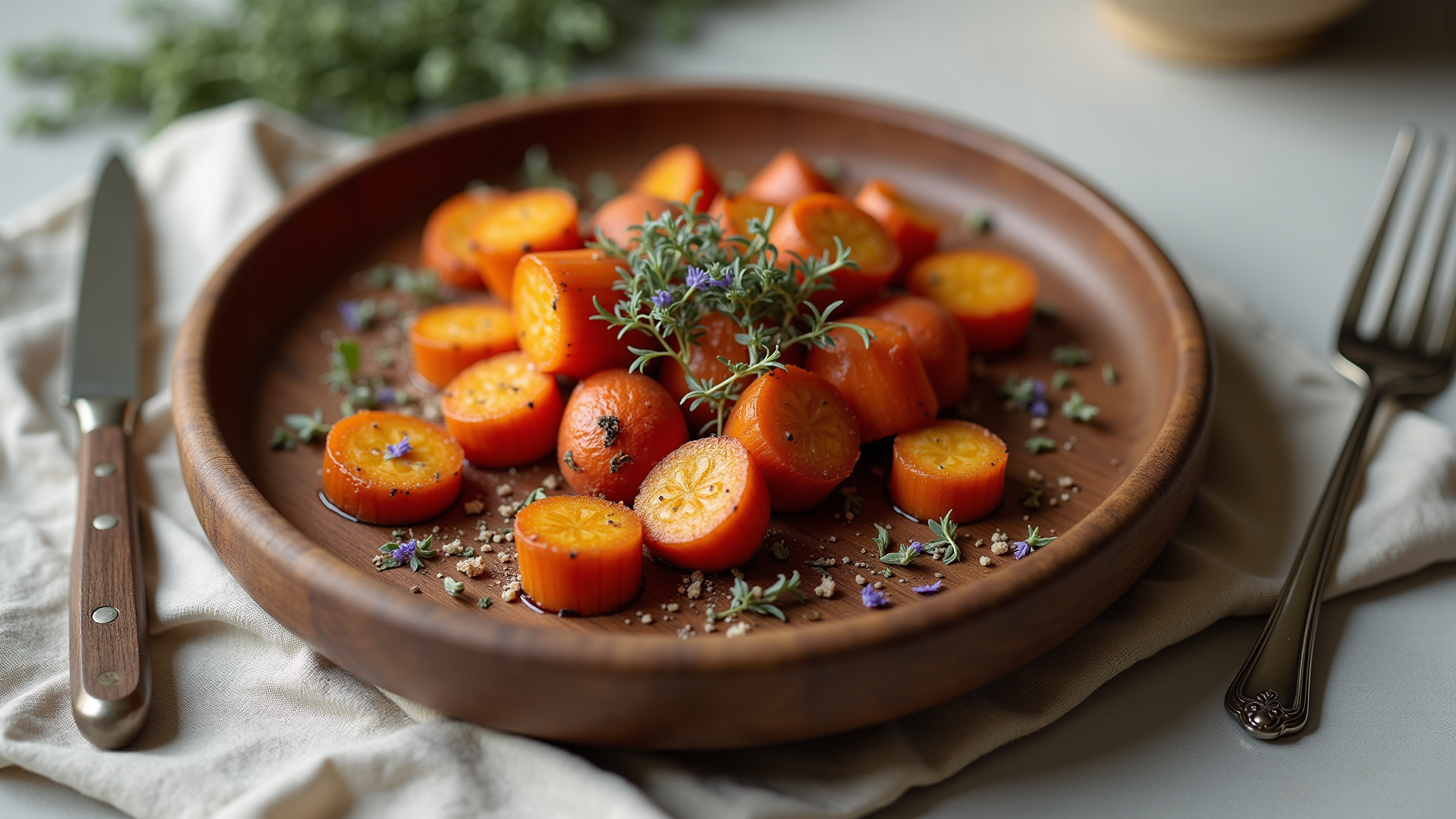 Cooked carrots on wooden plate with herbs, delicious and fresh food.