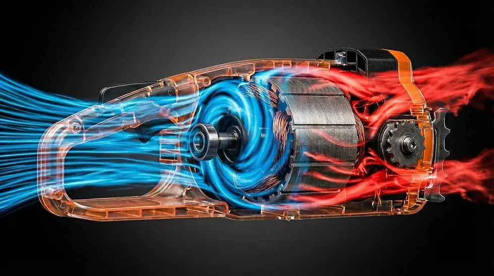 Detailed 3D internal visualization of an electric wood saw, showcasing the motor, drive gears, and mechanical components within a technical digital twin environment.