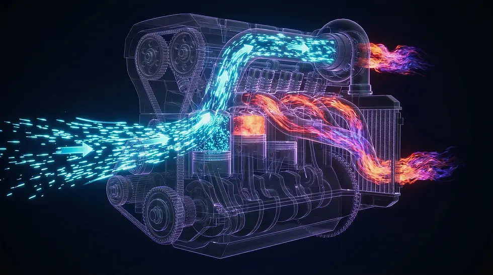 Close-up 3D render of an internal combustion engine, showcasing high-fidelity textures, cooling fins, and intricate part integration for industrial presentation.