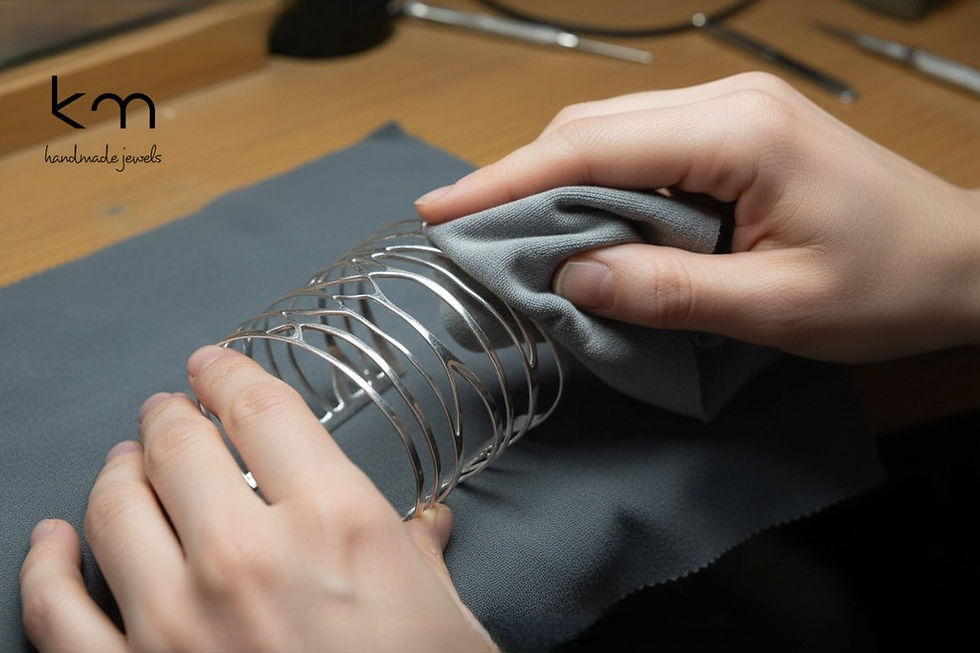 Hands polishing a silver bracelet with a gray cloth on a wooden desk. Background tools visible. Logo reads "km handmade jewels."