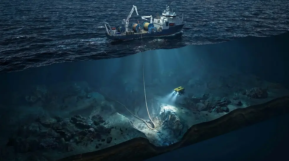 High-fidelity underwater visualization of a subsea umbilical cable reaching the rocky ocean floor, with a single Work-Class ROV illuminating the touchdown point.