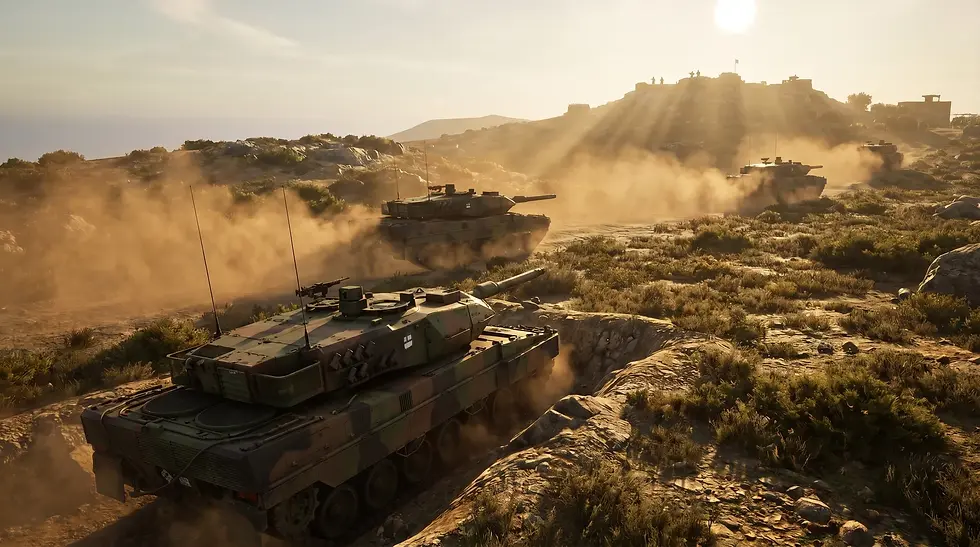 Cinematic isometric view of an armored offensive in a dry valley, featuring realistic smoke physics and muzzle flashes from Leopard 2A6 HEL tanks.
