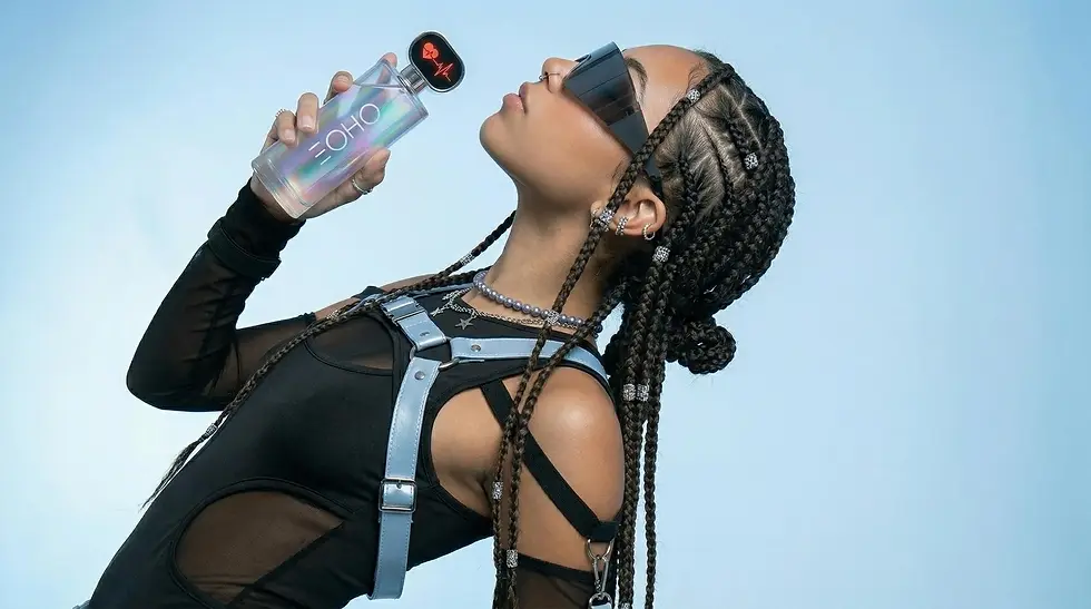 Photorealistic render of Sonia, an exclusive digital model by kappataf, posing gracefully with the ECHO fragrance. The studio lighting highlights her highly detailed skin texture and the transparent glass bottle, showcasing the smart LCD cap displaying a red heart.