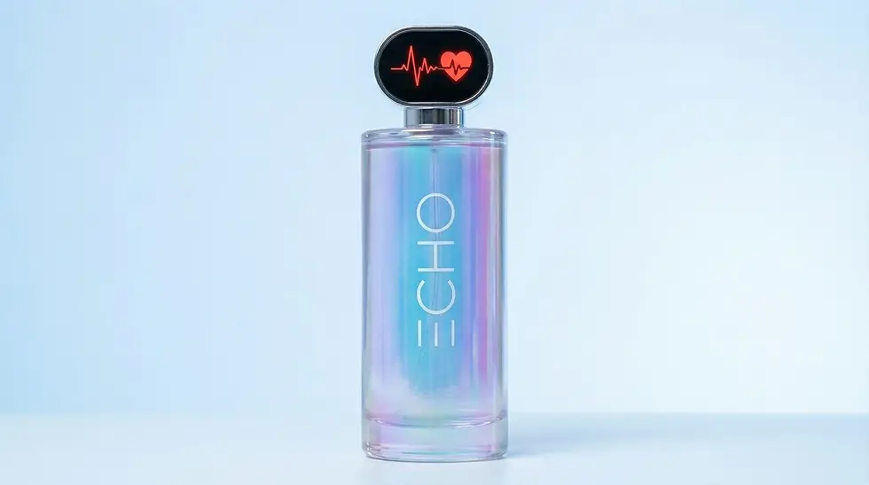 High-resolution 3D render of the ECHO fragrance bottle. The design features a minimalist glass structure and an integrated digital LCD screen on the cap, demonstrating a premium and innovative approach to product visualization.