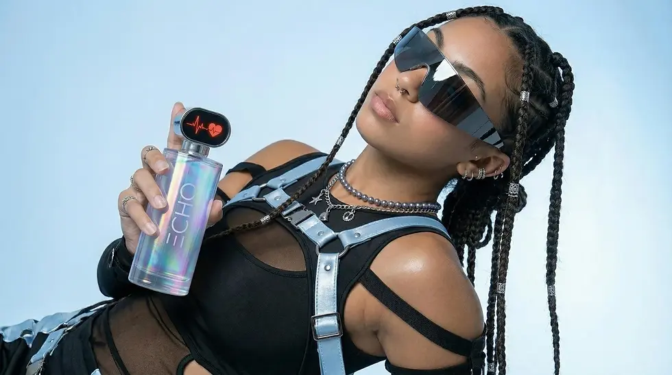 Close-up profile of the proprietary digital model Sonia gently holding the ECHO smart fragrance. The rendering utilizes a realistic depth of field, seamlessly blending the digital character's natural facial features and hand gestures with the reflective glass product design.