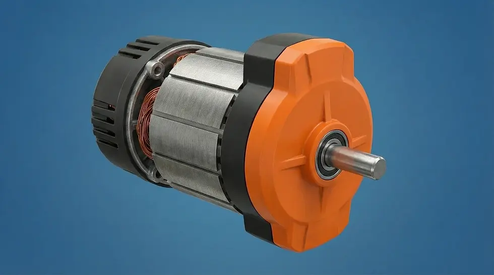 Exploded 3D visualization of an electric motor and gear assembly, highlighting internal parts, bearings, and structural housing in a clean studio environment.