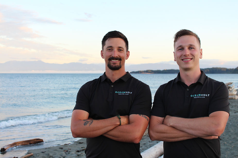 Photograph of Oceanvolt Solar & EV’s owners, master electricians Marcus Downer and Jordan Tucker, celebrating five years of residential solar installation in Greater Victoria.