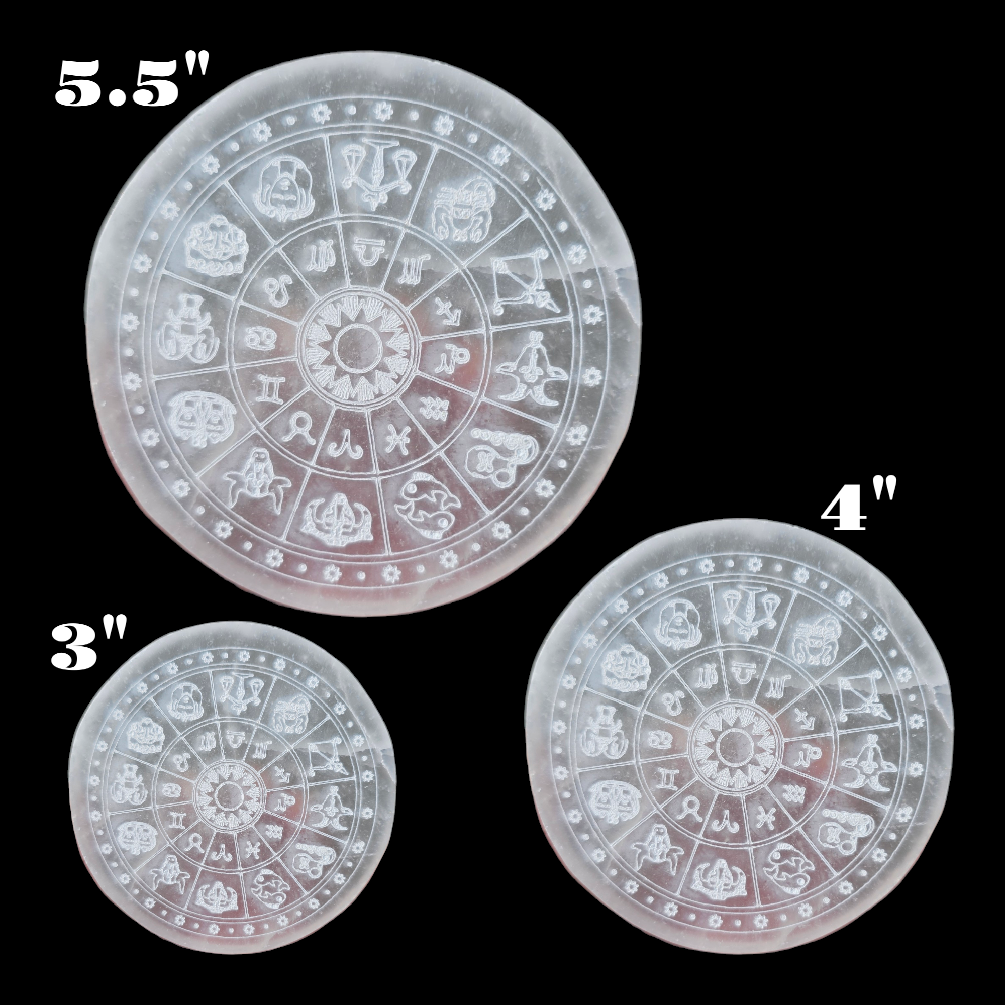 Three sizes of Zodiac etched Selenite charging plates. 