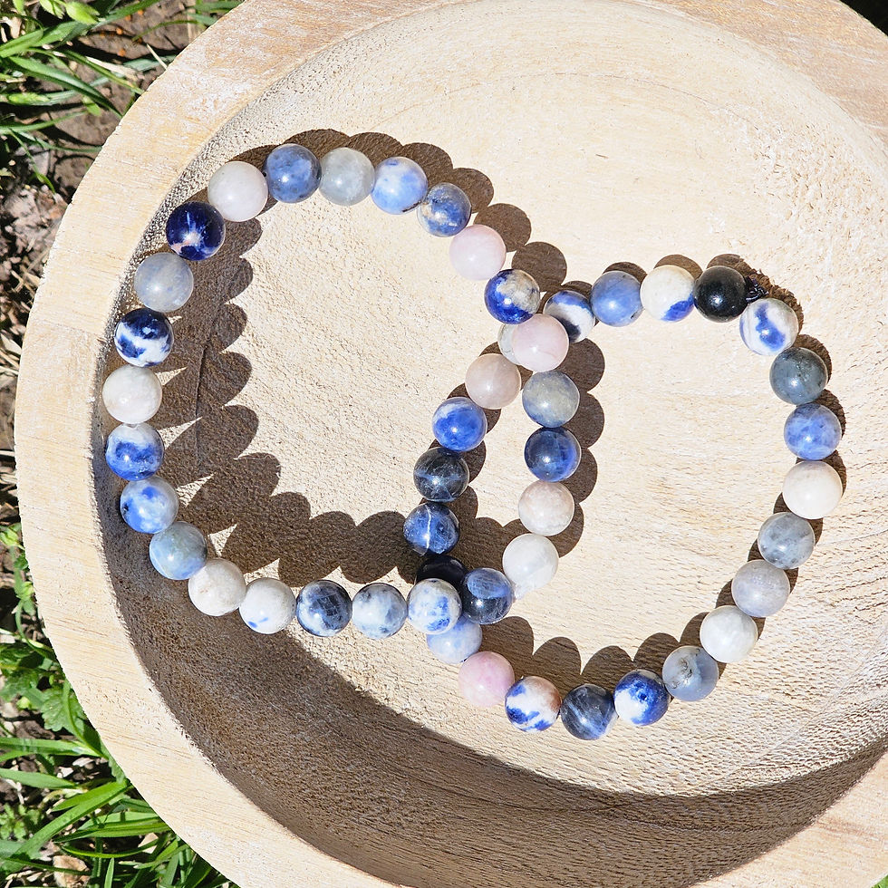 Thumbnail: Two Sodalite bracelets displayed in a wooden bowl. 