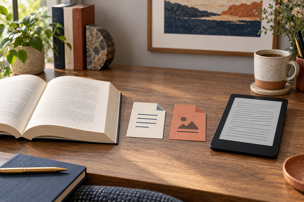 Open print book and unbranded e-reader beside two abstract file-format cards on a publishing workspace.