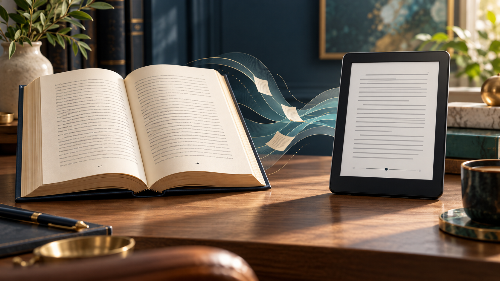 Open print book beside an e-reader, illustrating fixed page numbers and flexible ebook locations