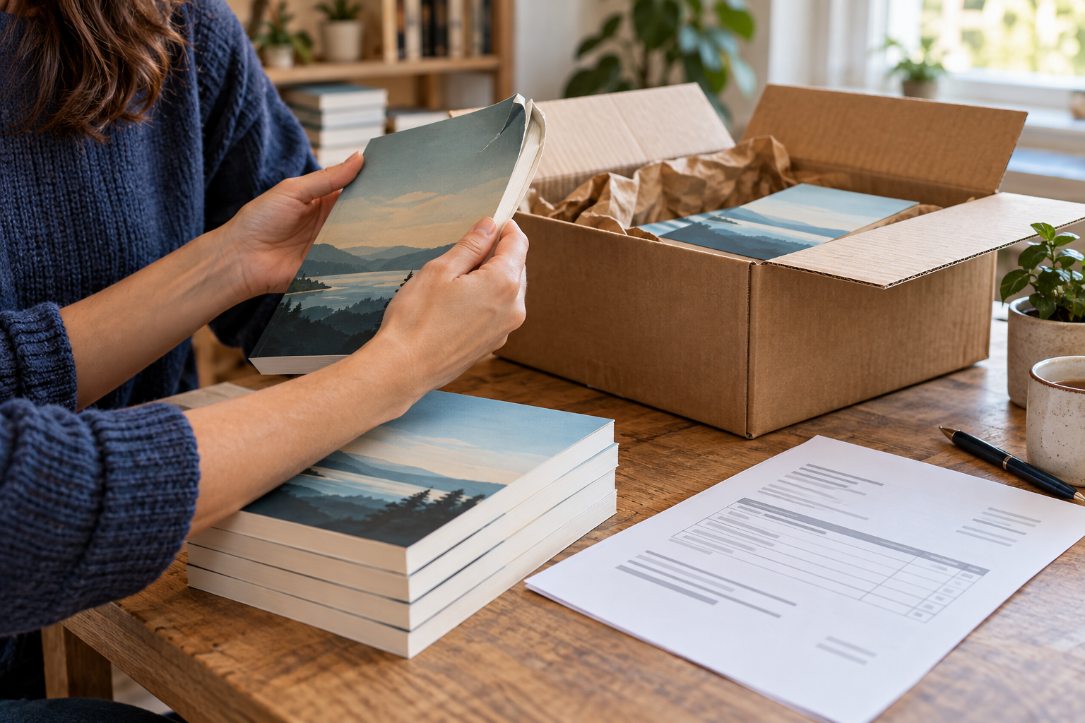 Author inspecting a damaged book beside intact replacement copies and an accounting document