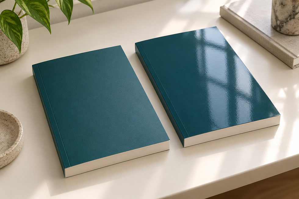 Two plain teal paperback books show diffuse matte and reflective glossy cover surfaces on an ivory desk