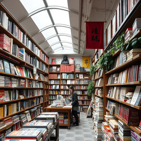 books displayed on bookstore shelves with readers browsing titles