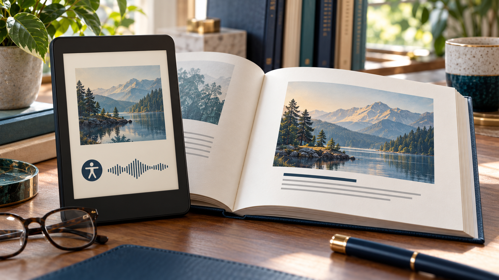 E-reader and open illustrated book comparing assistive image description with a visible caption