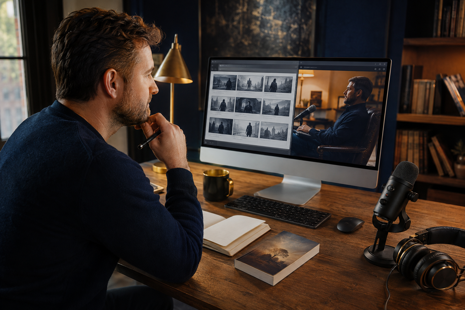 Author comparing a cinematic book trailer storyboard with a recorded interview