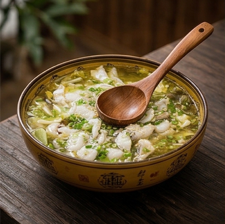 Fish and vegetable soup with a wooden spoon