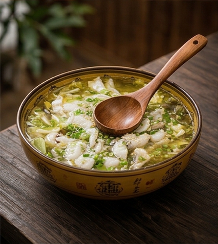 Fish and vegetable soup with a wooden spoon
