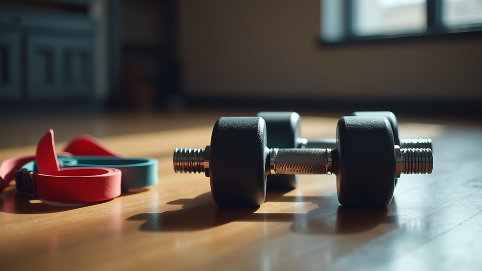 Close-up of dumbbells and resistance bands on wooden floor