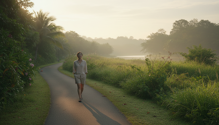 Wide-angle view of a person walking slowly along a quiet park path at sunrise.