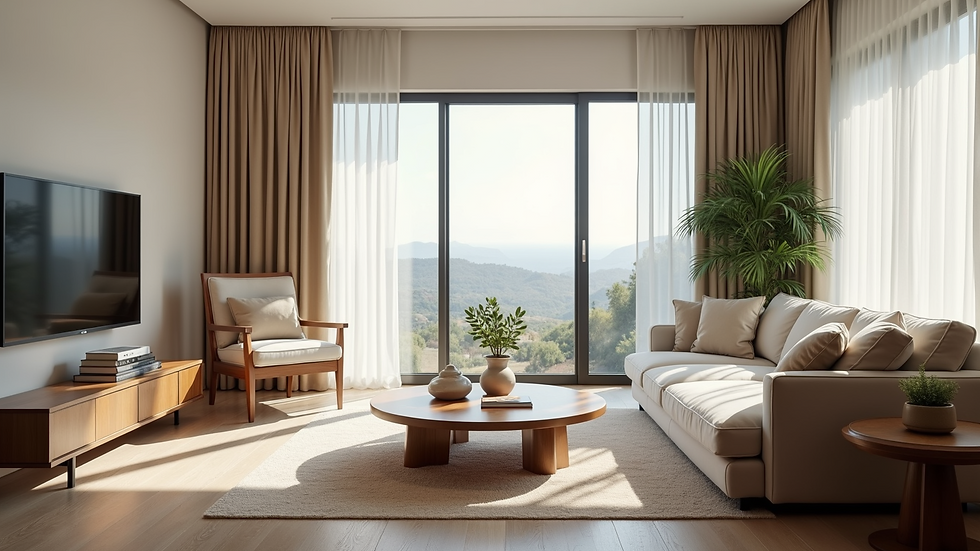 Eye-level view of a well-designed living room with ample natural light