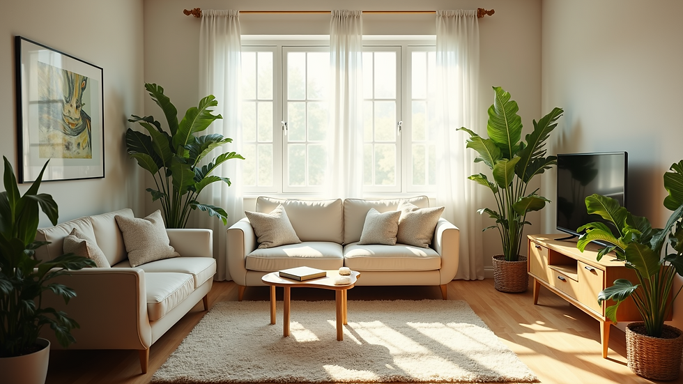 Wide angle view of a sunlit living room adorned with houseplants