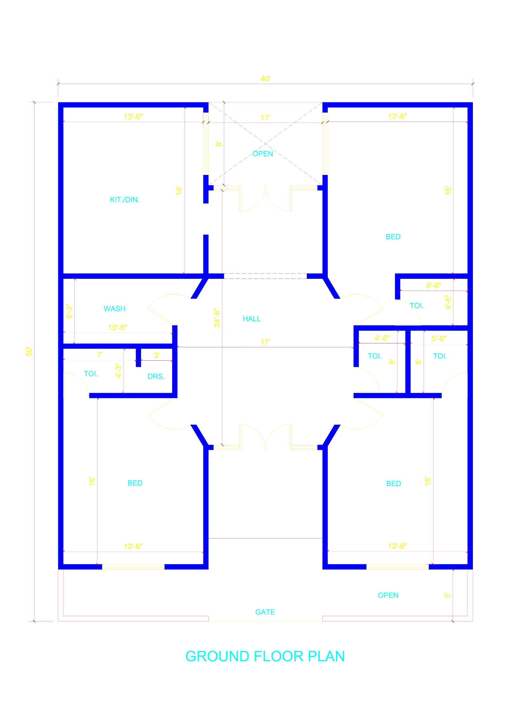 40x50 North Facing House Plan