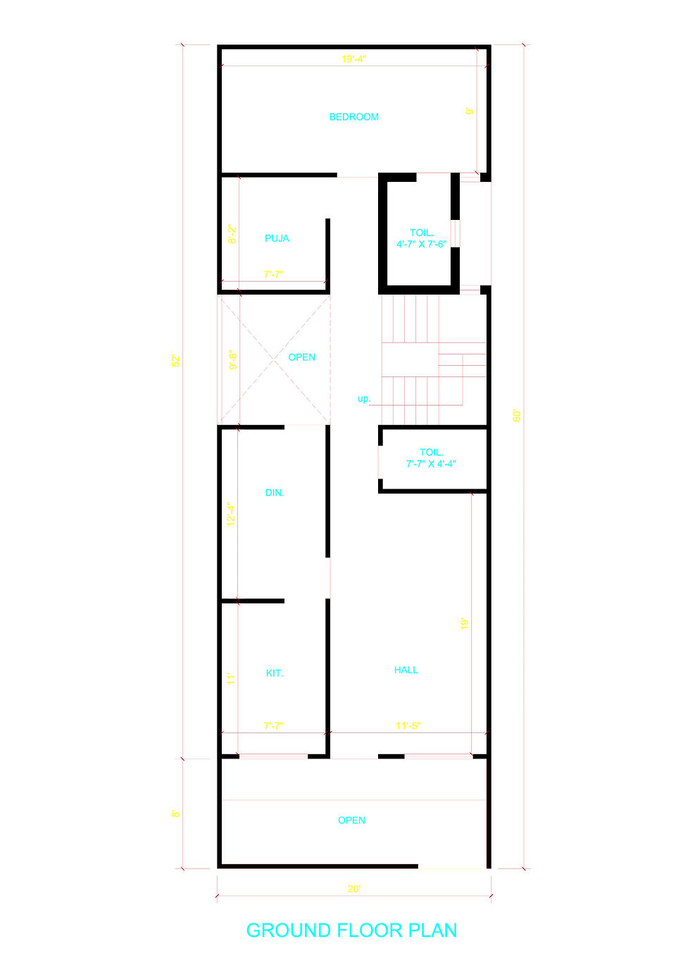 20x60 3BHK House Plan