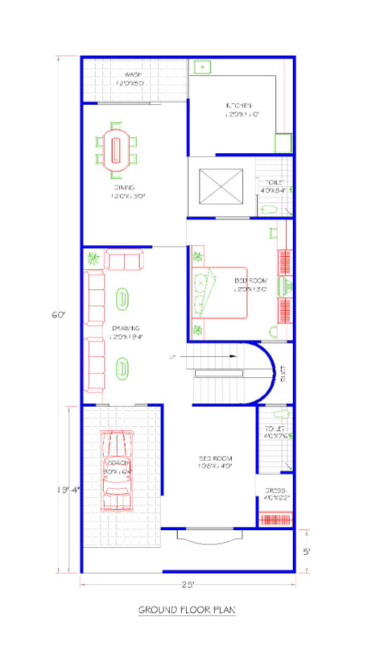25x60 3BHK House Plan