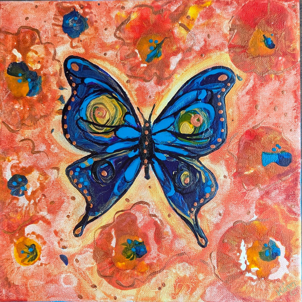 BLUE BUTTERFLY w/ POPPIES Painting