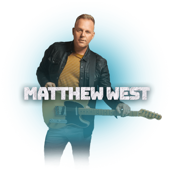 Artist Matthew West posing with a guitar for a photo shoot.