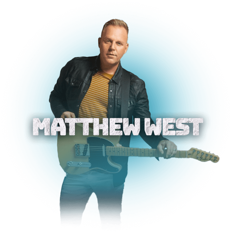 Artist Matthew West posing with a guitar for a photo shoot.
