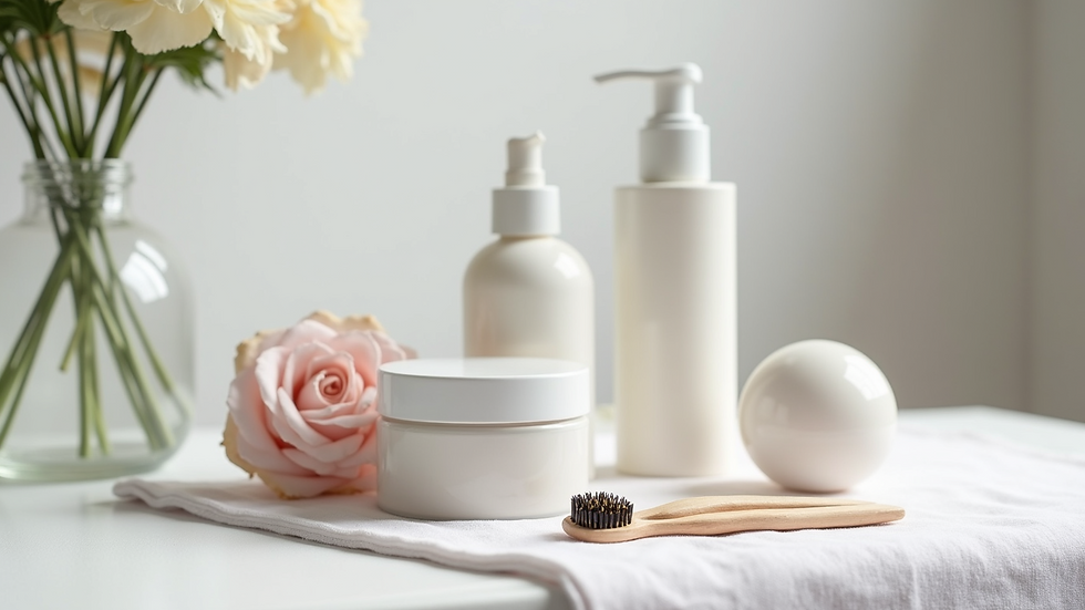 Close-up view of esthetician tools and products on a clean white table