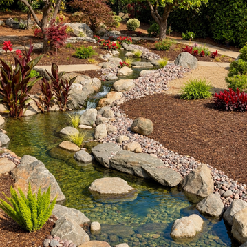 Large Waterfall, stream and ecosystem water garden pond installed in Orangecrest, California